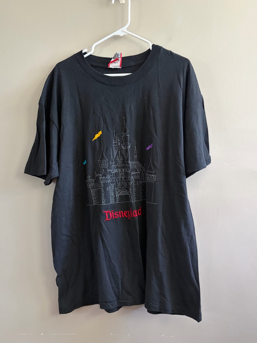 Vintage Disneyland Tee Black with Castle and Embroidered Flags L/XL